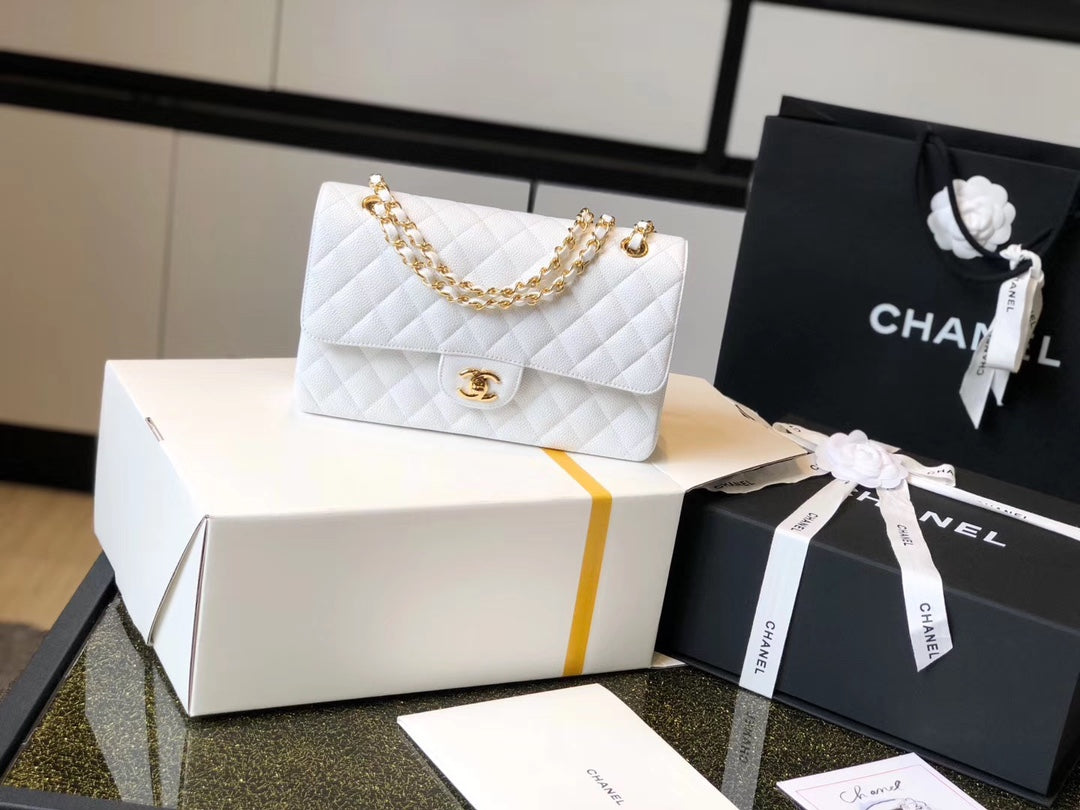 Chanel Classic MeGLAMIum GlamIapbag Golden Hardware White 10in/25.5cm
