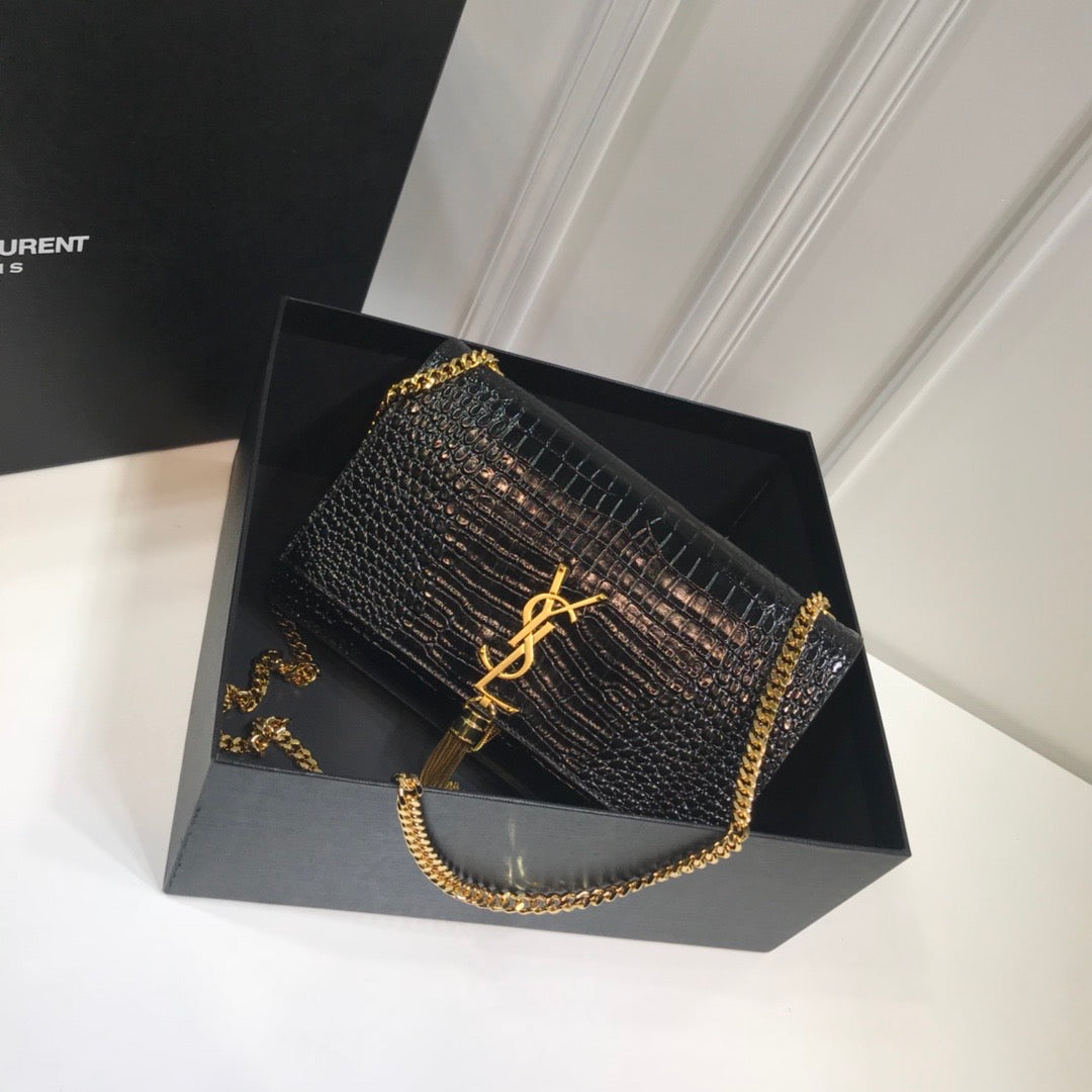 YSSL Kate Medium Chain Bag With Tassel In Embossed Crocodile Black For Women 9in/24cm YSL 354119DND0J1000