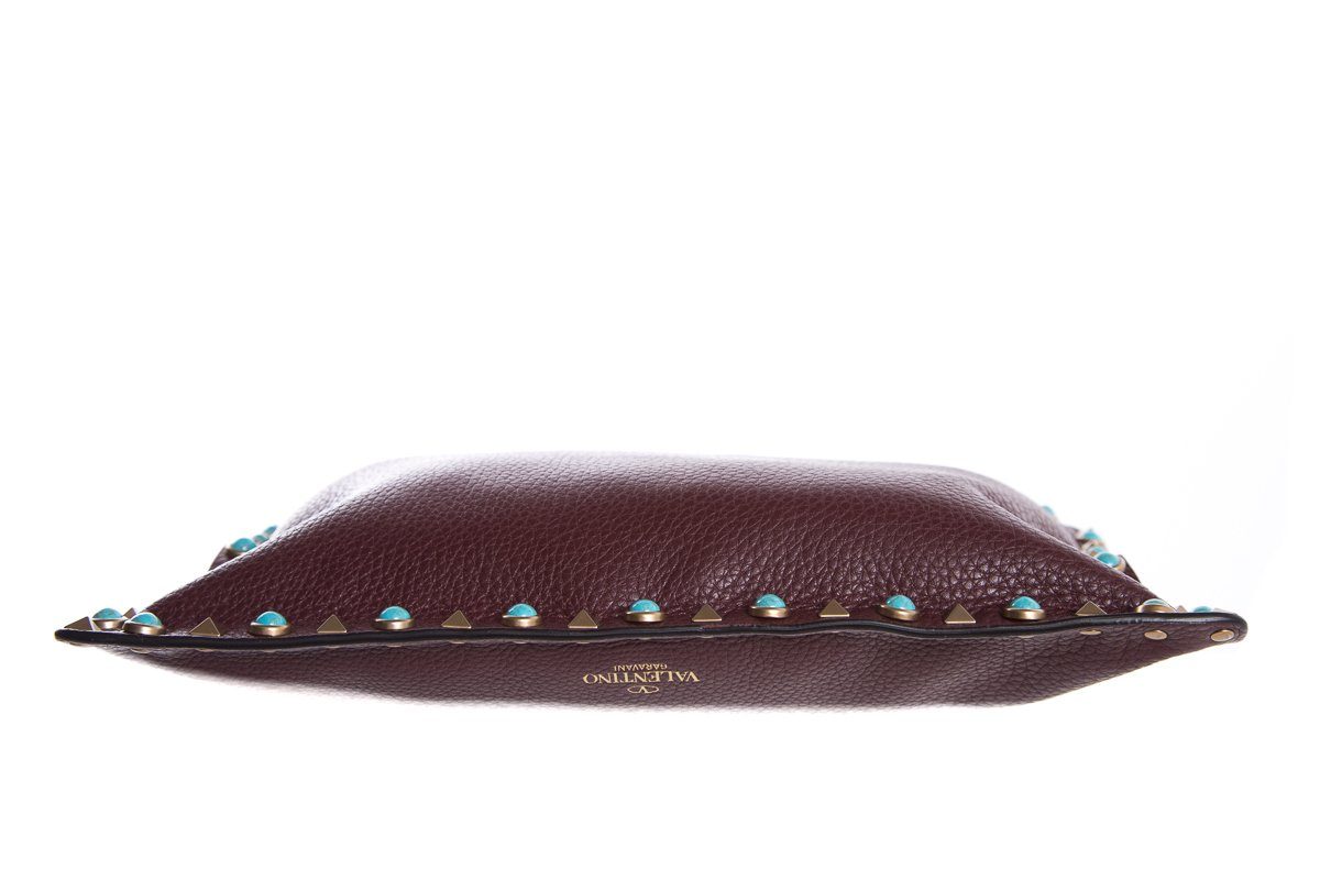 Valentino Plum Leather Rockstud Turquoise Accent Clutch