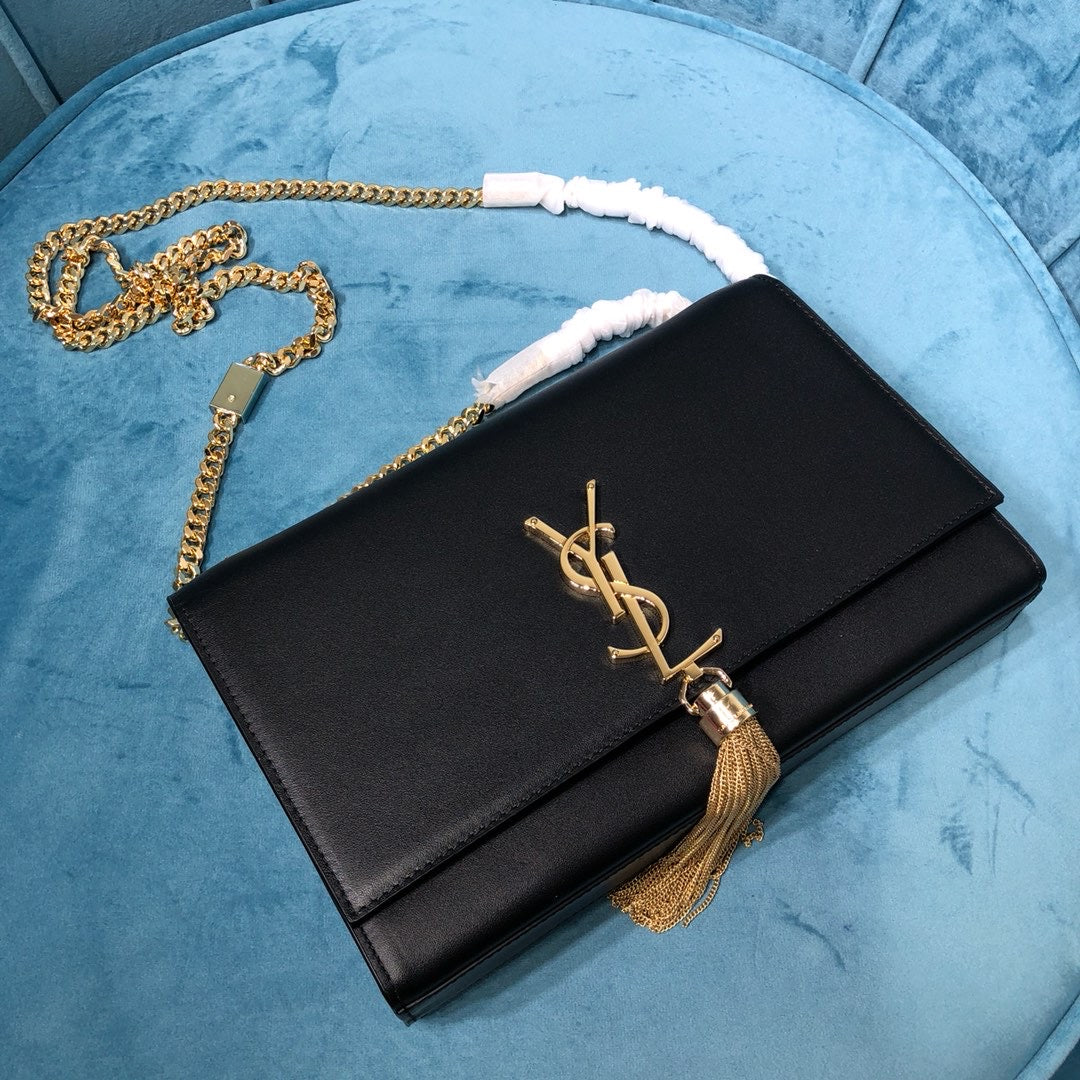YSSL Kate Medium Chain Bag With Tassel In Grain De Poudre Black For Women 9in/24cm YSL 354119BOW0J1000
