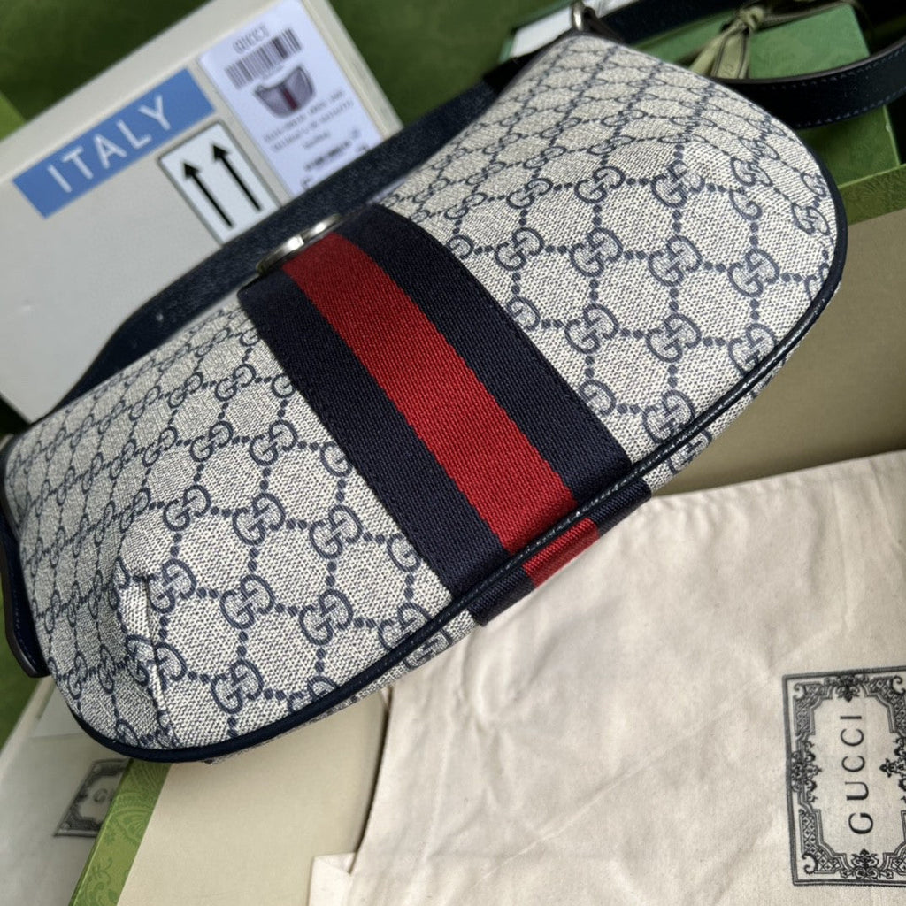 OphiGLAMIa Small Shoulder Bag Beige And Blue Supreme Canvas For Women 12in/30cm 598125 2ZGMN 4076