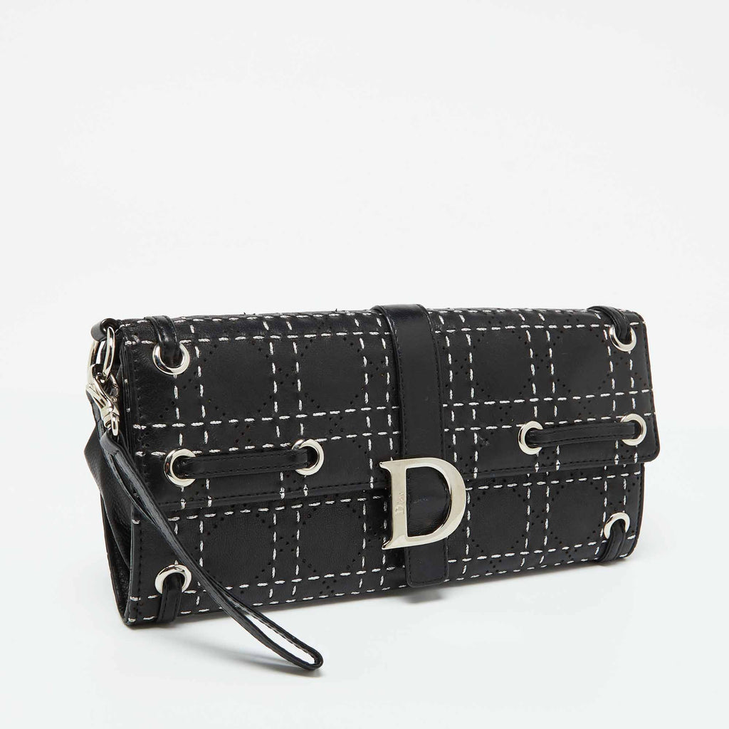 Dior Black Leather Cannage Perforated Stitched Flap Clutch