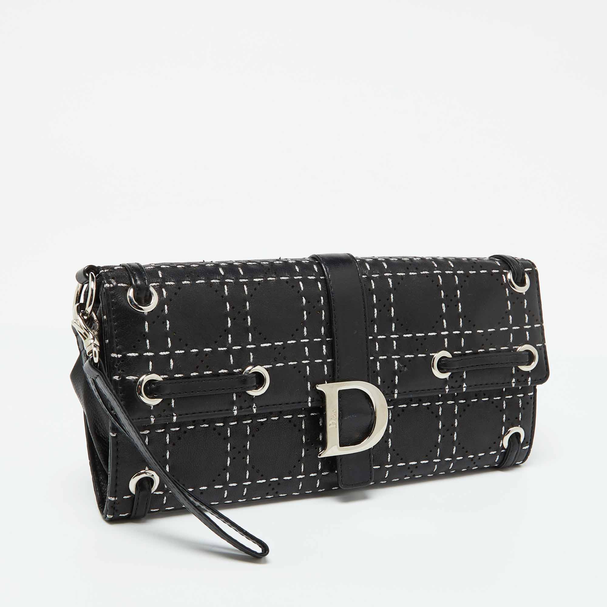 Dior Black Leather Cannage Perforated Stitched Flap Clutch