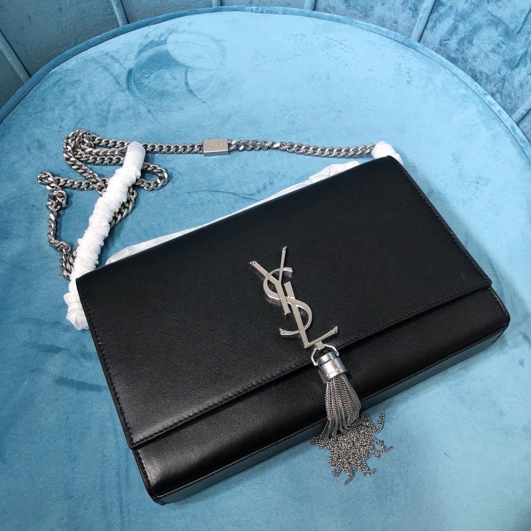 YSSL Kate Medium Chain Bag With Tassel In Grain De Poudre Black For Women 9in/24cm YSL 354119BOW0N1000