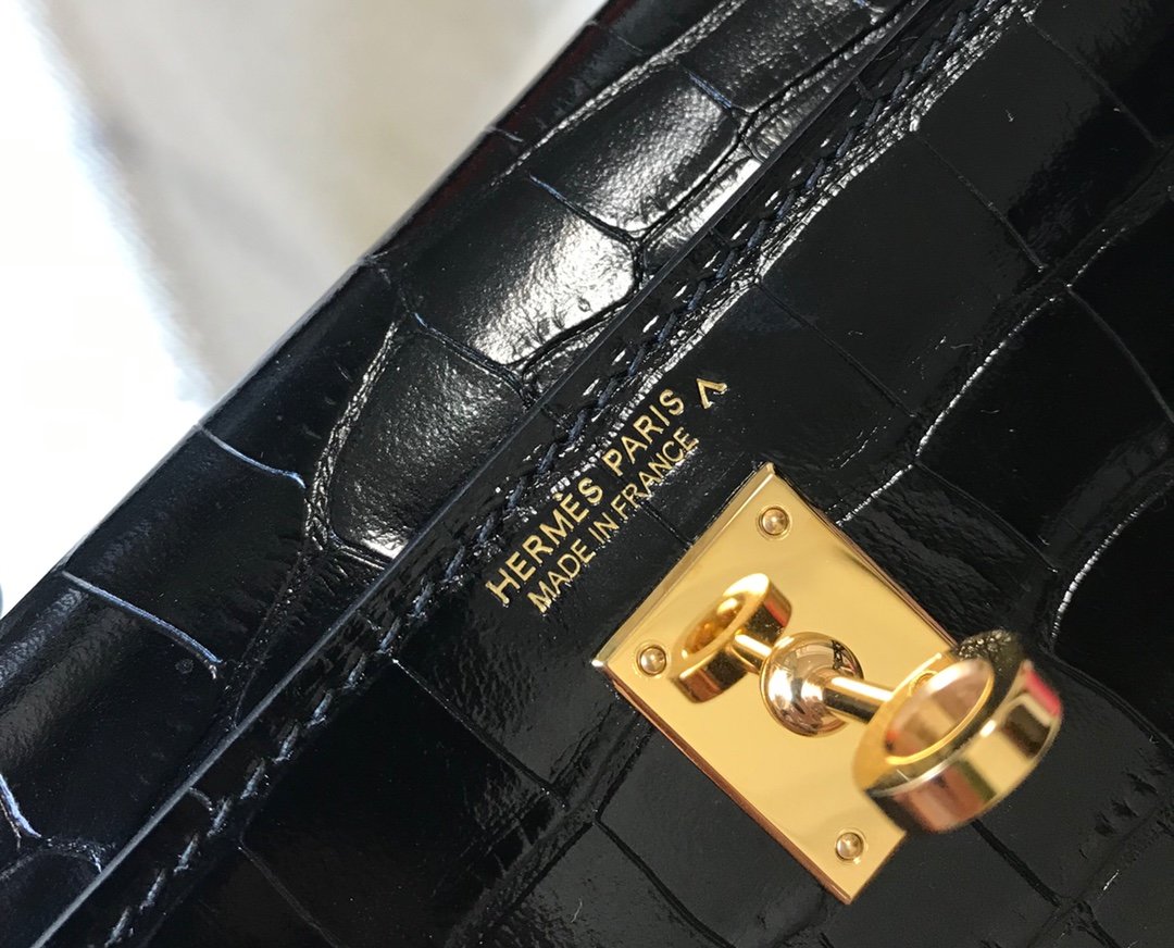 Mini Kelly 19 Black CrocoGLAMIle Bag For Women, Handbags, Shoulder Bags 7.5in/19cm