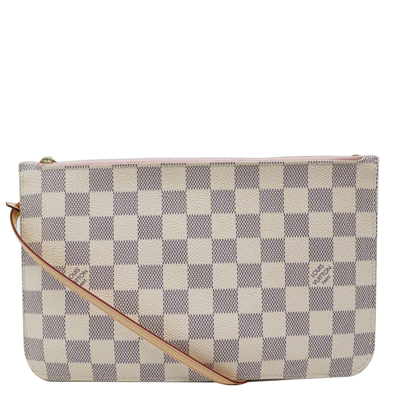 LOUIS VUITTON Neverfull MM Damier Azur Pochette Wristlet Pouch Rose Ballerine