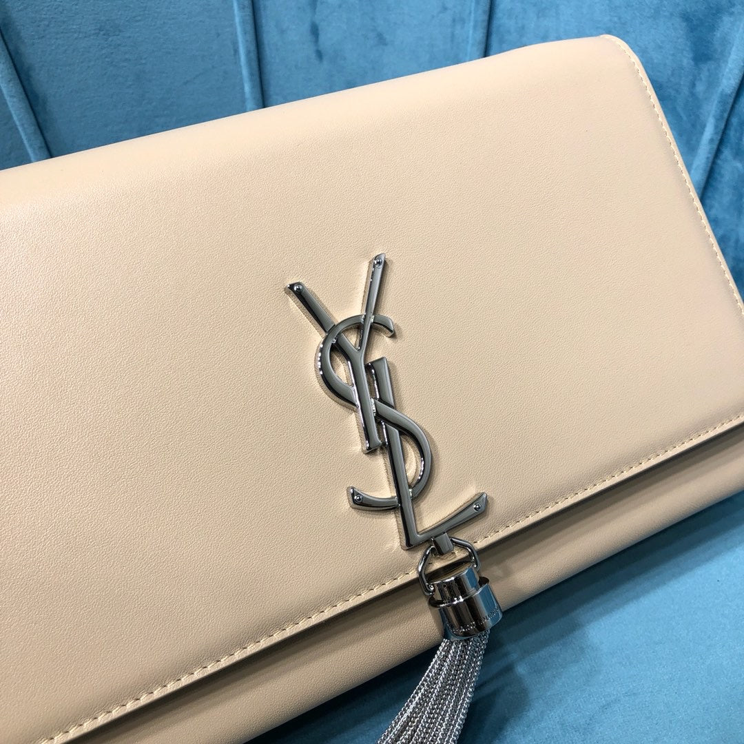 YSSL Kate Medium Chain Bag With Tassel In Grain De Poudre Beige For Women 9in/24cm YSLÂ 