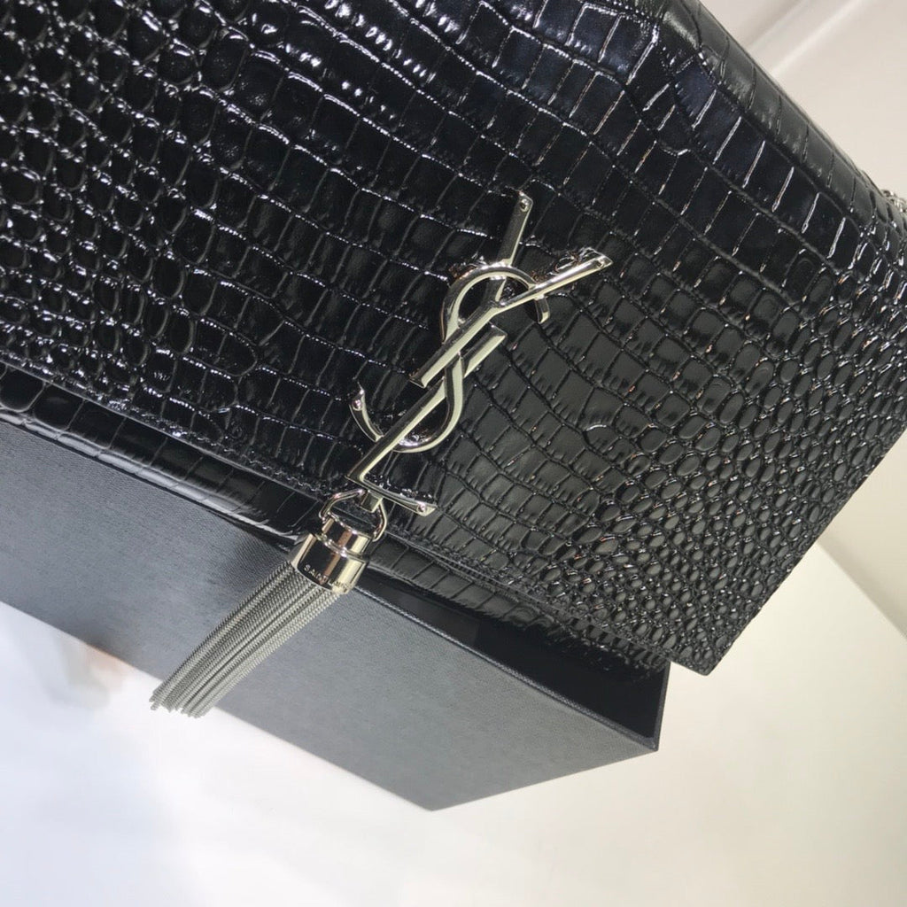 YSSL Kate Medium Chain Bag With Tassel In Embossed Crocodile Black For Women 9in/24cm YSL 354119DND0N1000