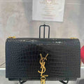 Ysl Kate Croc-Embossed Wallet on Chain, Black Calf Leather