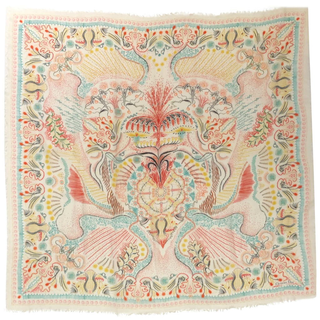 Dior shawl 135cm in multicolour abstract leaf design on cream cashmere