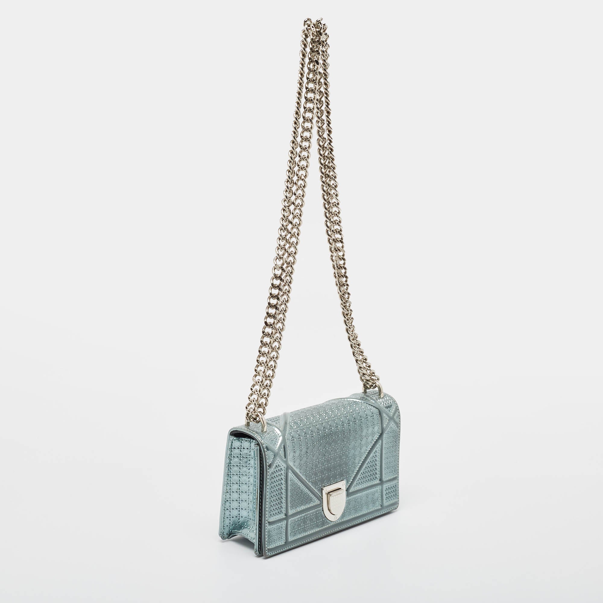 Dior Light Blue Microcannage  Leather Mini Diorama Chain Shoulder Bag..