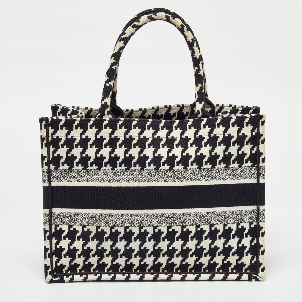 Dior Black/white Embroidered Macro Houndstooth Canvas Medium Book Tote