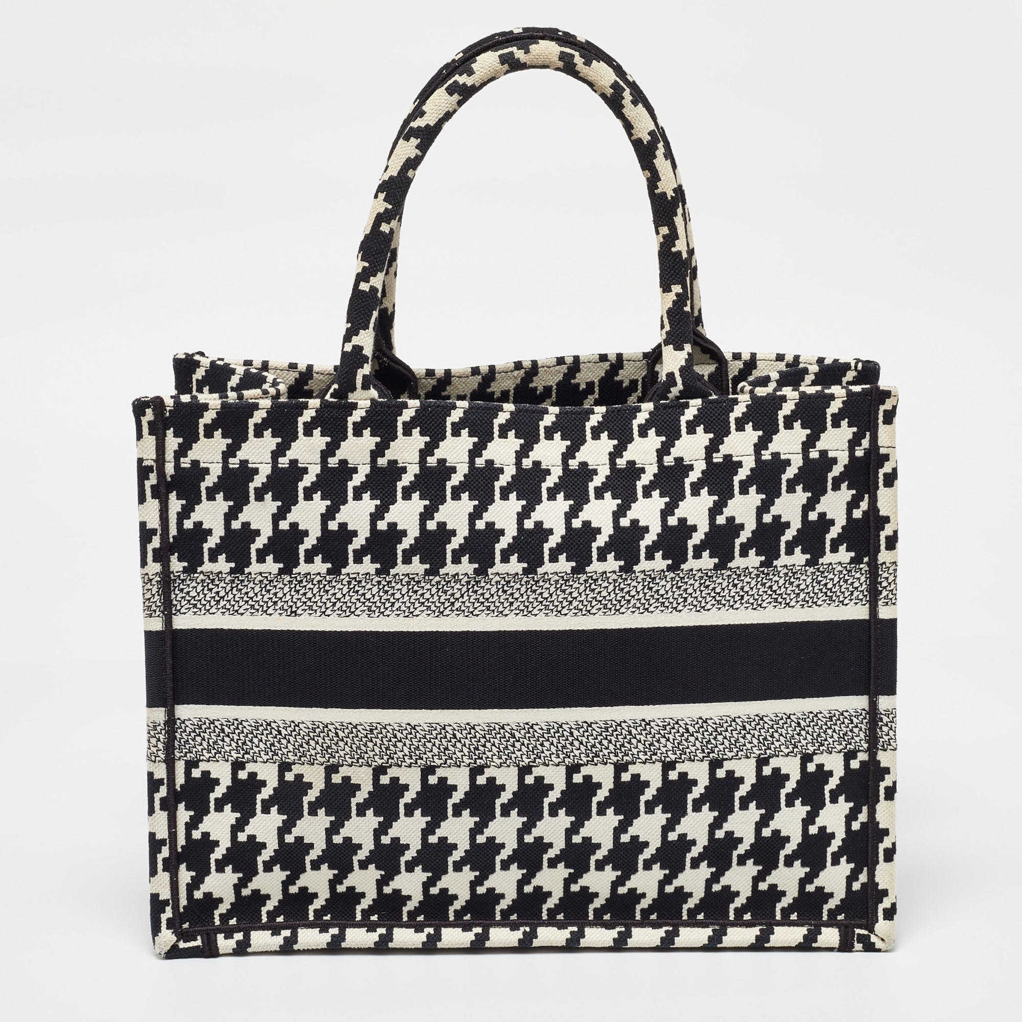 Dior Black/white Embroidered Macro Houndstooth Canvas Medium Book Tote