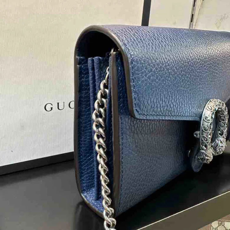 GUCCI Dioronysus Chain Crossbody, Blue, Leather