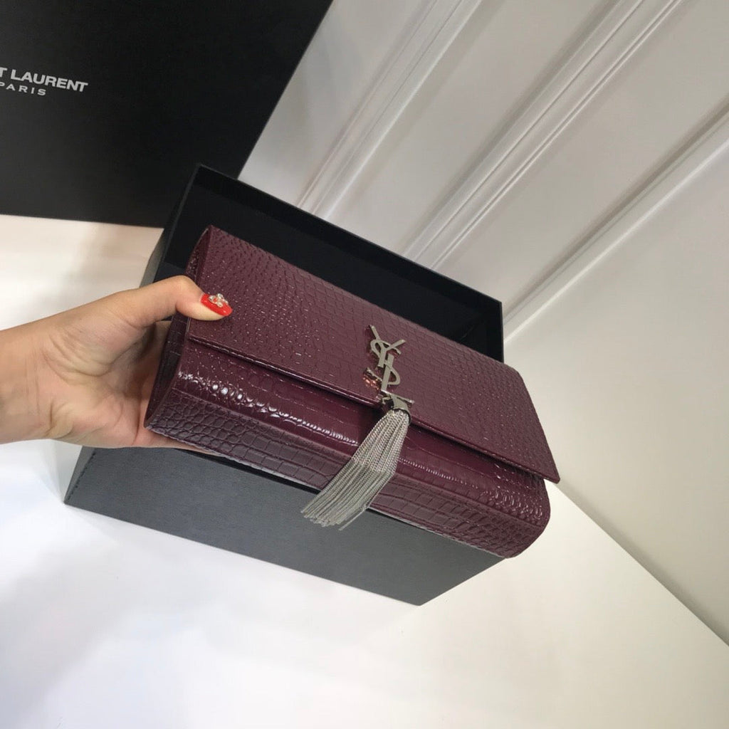 YSSL Kate Medium Chain Bag With Tassel In Embossed Crocodile Dark Violet For Women 9in/24cm YSL