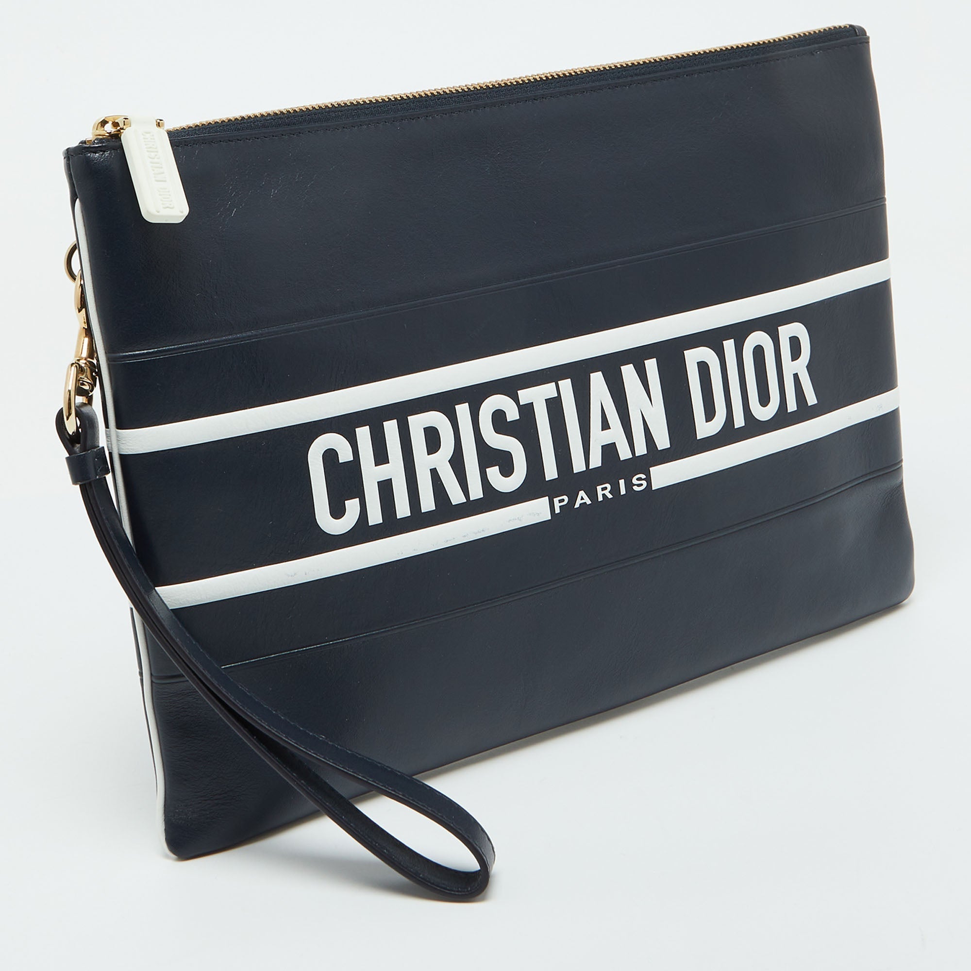 Dior Navy Blue/white Leather Logo Vibe Zip Clutch