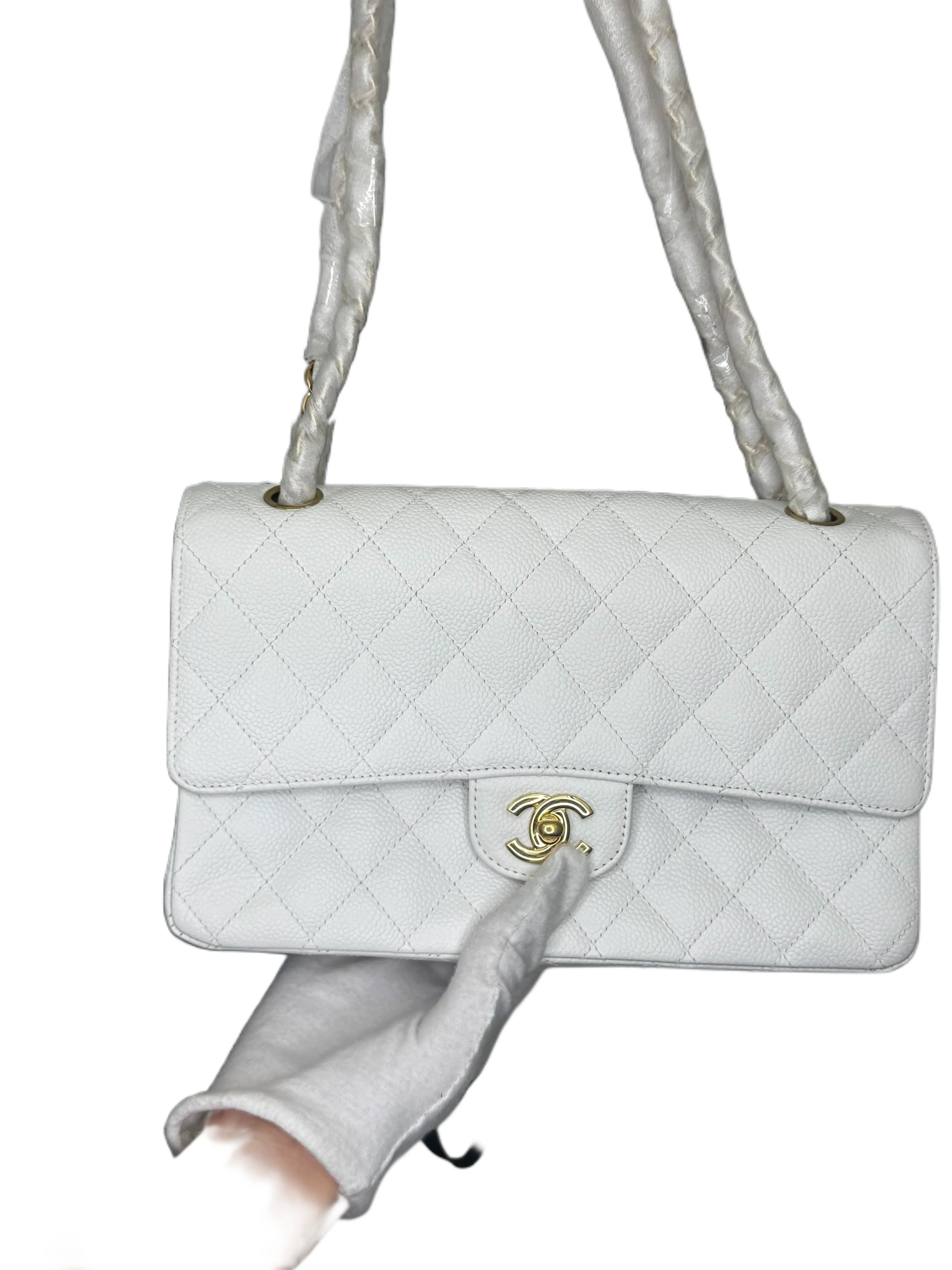 Chanel Classic Double Flap Bag White Caviar With Gold-toned Hardware B20-01
