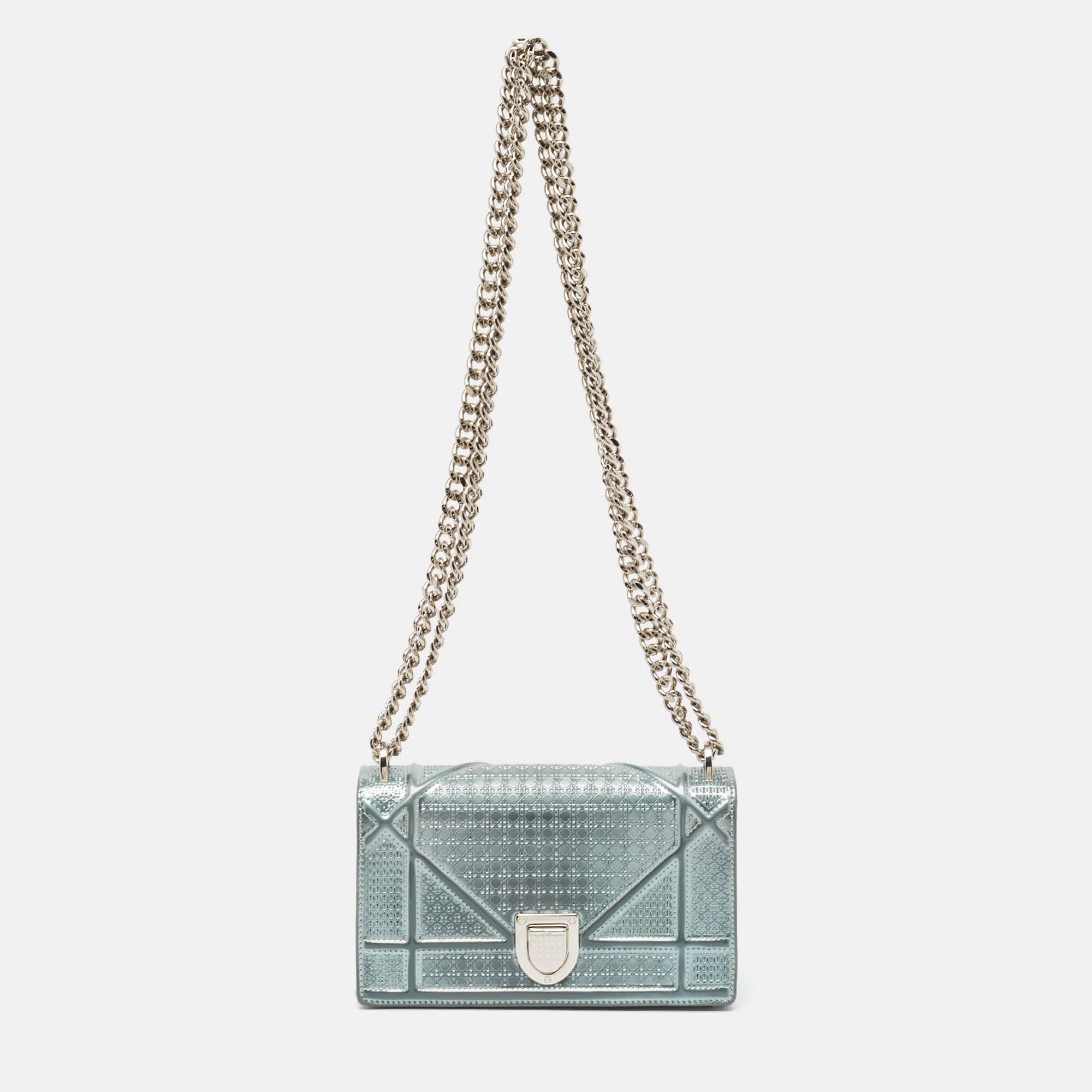 Light Blue Microcannage  Leather Mini Diorama Chain Shoulder Bag