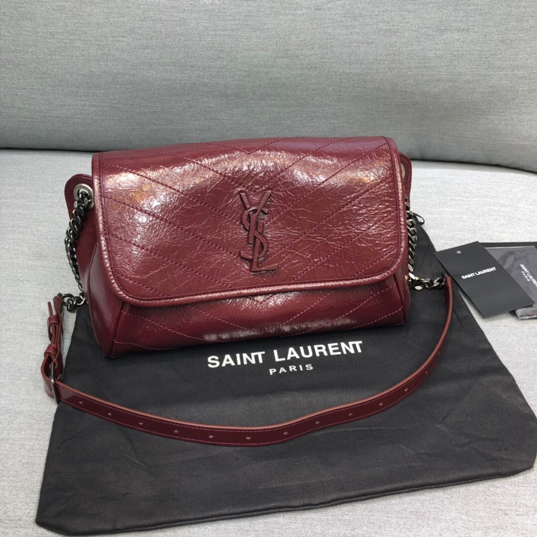 Saint Laurent Niki MeDiorum Crinkled Shoulder Bag Burgundy For Women 11in/28cm YSL