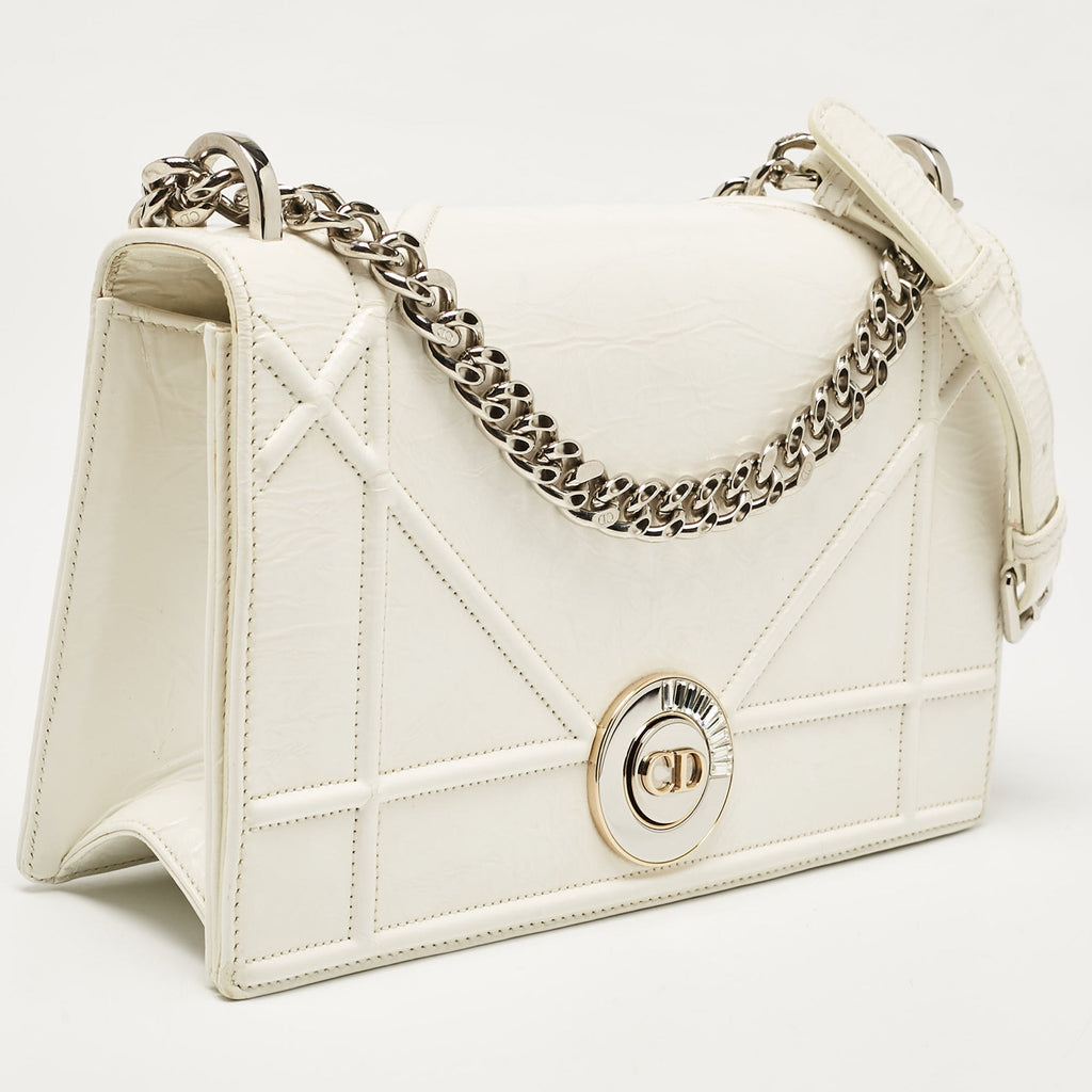 Dior White Crinkled  Leather Medium Diorama Shoulder Bag