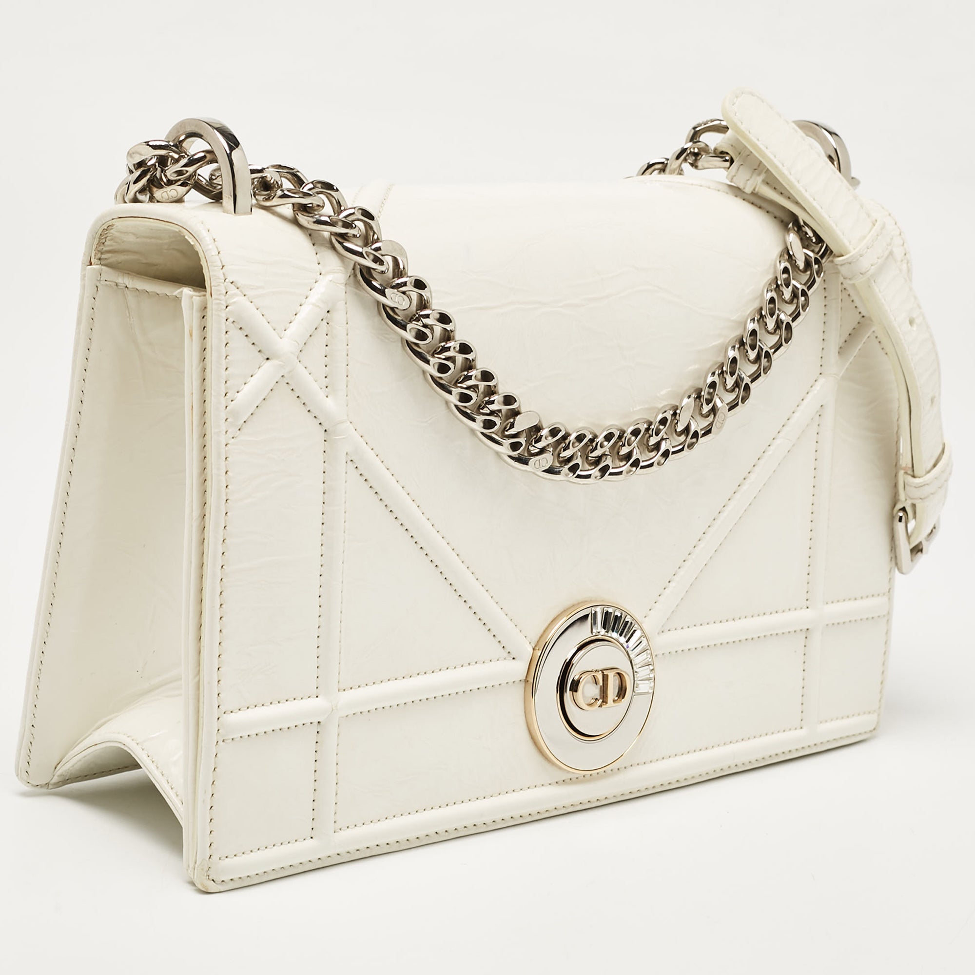 Dior White Crinkled  Leather Medium Diorama Shoulder Bag