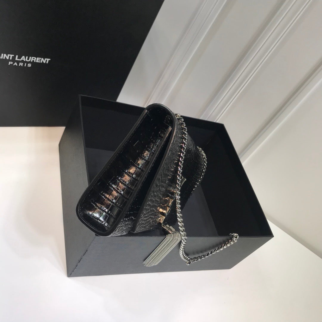 YSSL Kate Medium Chain Bag With Tassel In Embossed Crocodile Black For Women 9in/24cm YSL 354119DND0N1000