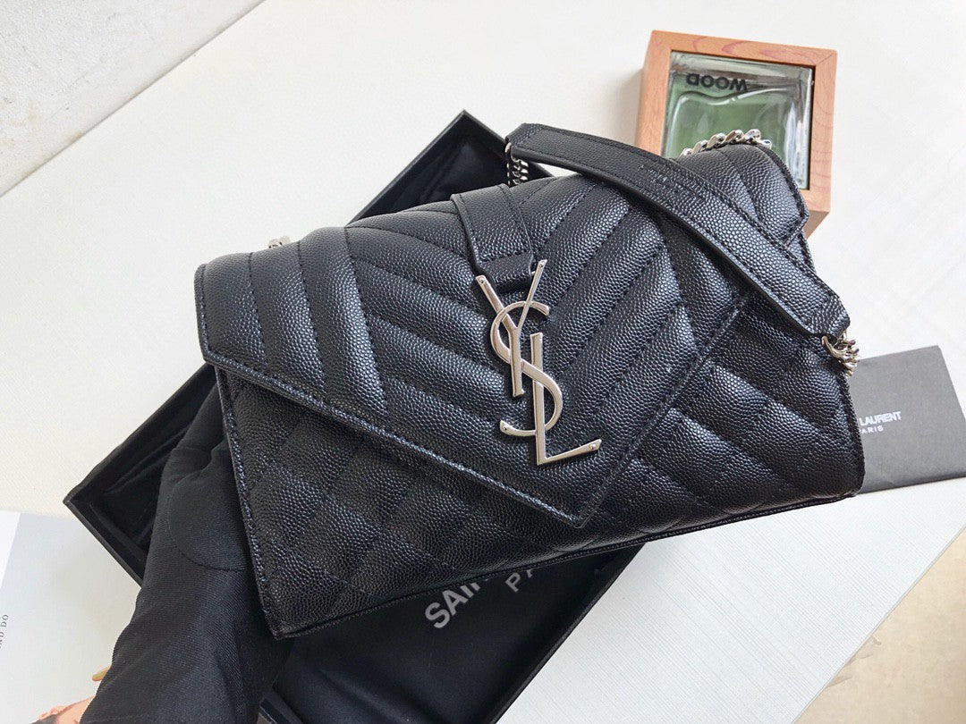 Top Quality Envelope Small Bag In Mix MatelassÃ© Grain De Poudre Black For Women 8.2in/21cm YSL 600195BOW921000