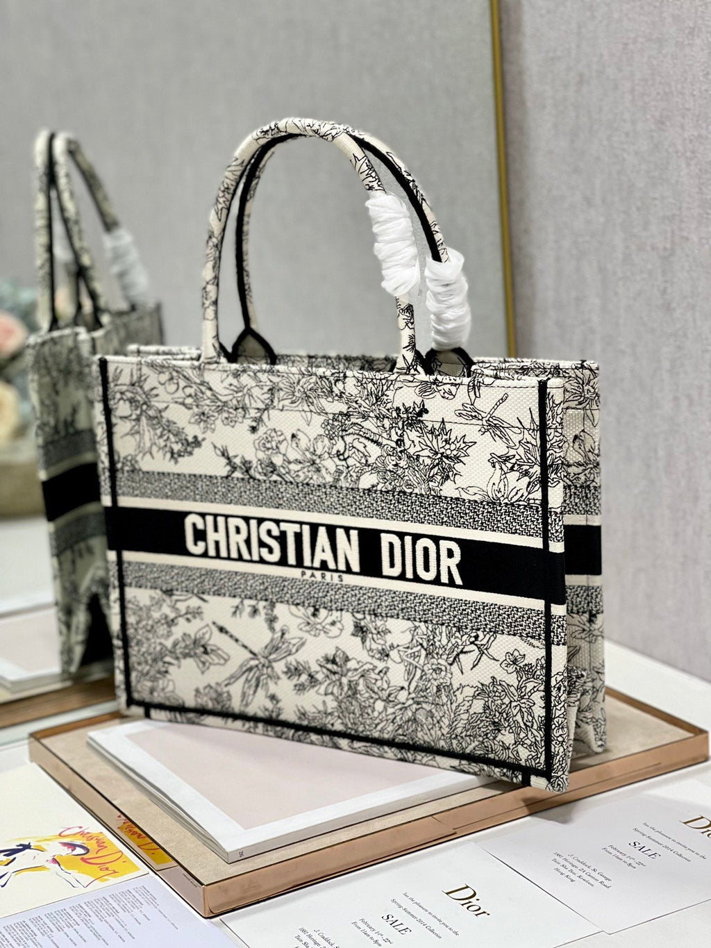 Dior MeDiorum Book Tote Blue Toile de Jouy Flowers Embroidery, Blue/White, For Women Women’s Handbags, Shoulder Bags, 36cm CD