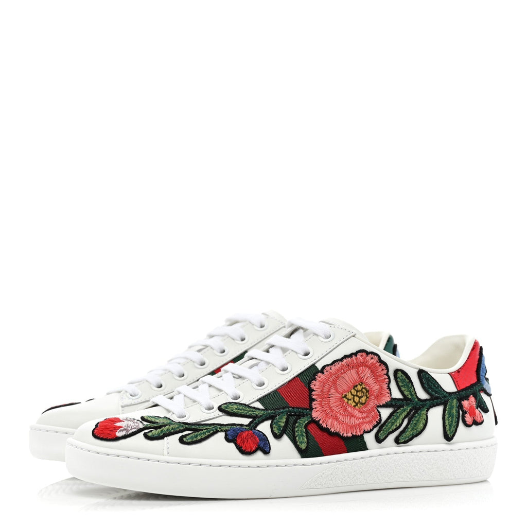 Gucci Calfskin Web Floral Embroidered Womens Ace Sneakers