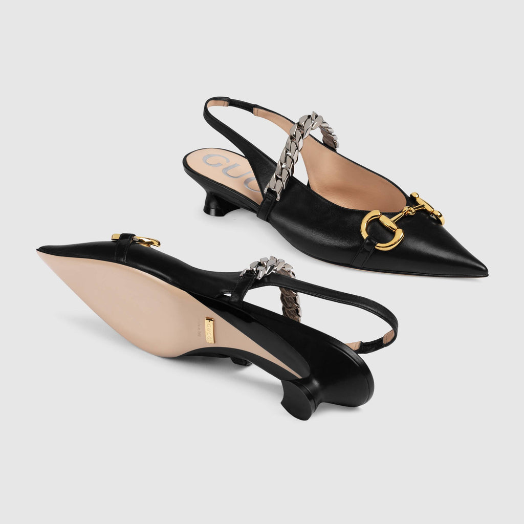 Gucci Horsebit & Chain Leather Slingback Pump