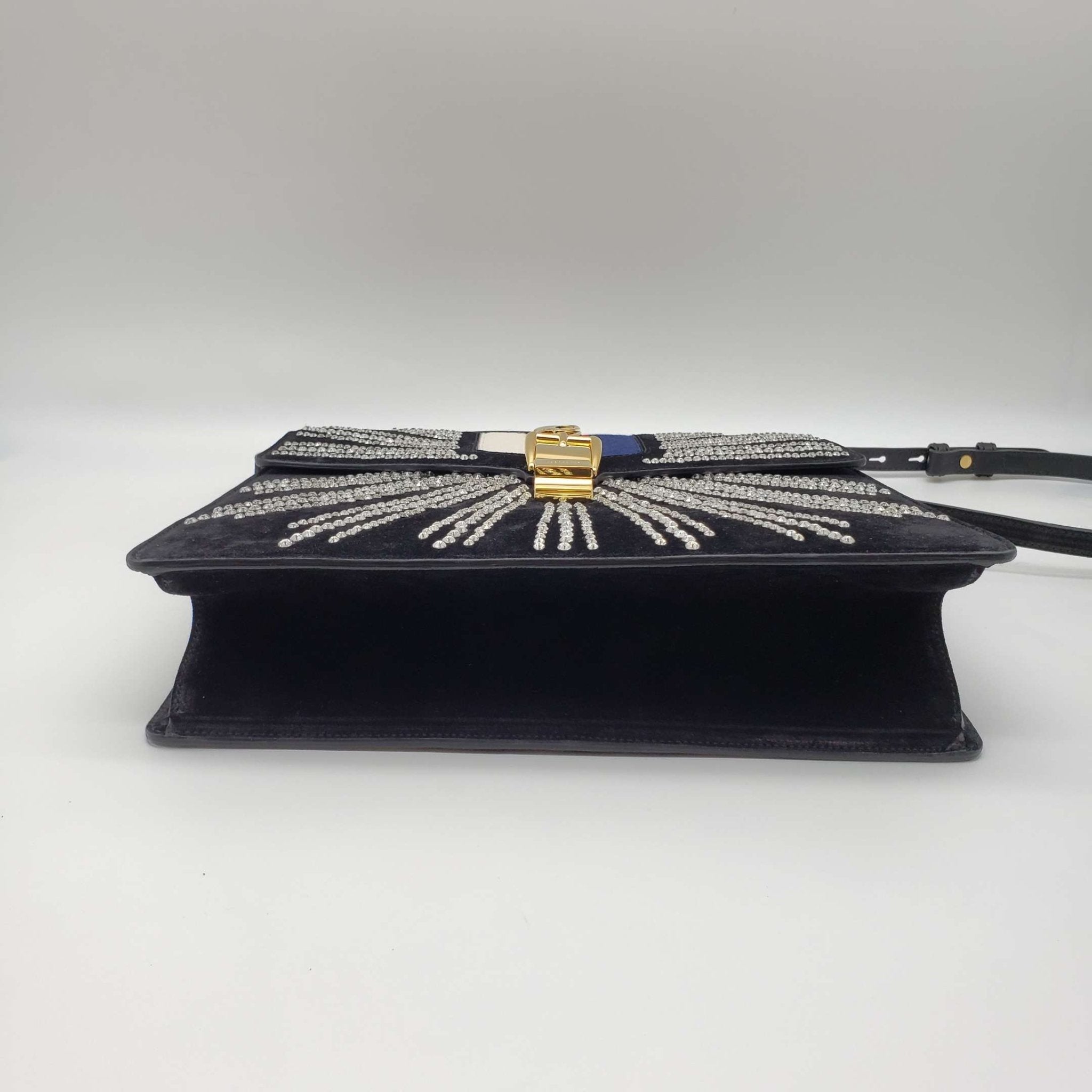 Gucci SyLouis Vuittonie Black Satin and Crystal Vintage Web Shoulder Bag