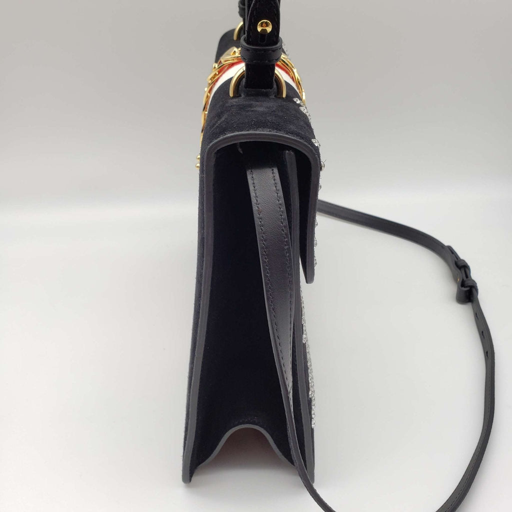 Gucci SyLouis Vuittonie Black Satin and Crystal Vintage Web Shoulder Bag