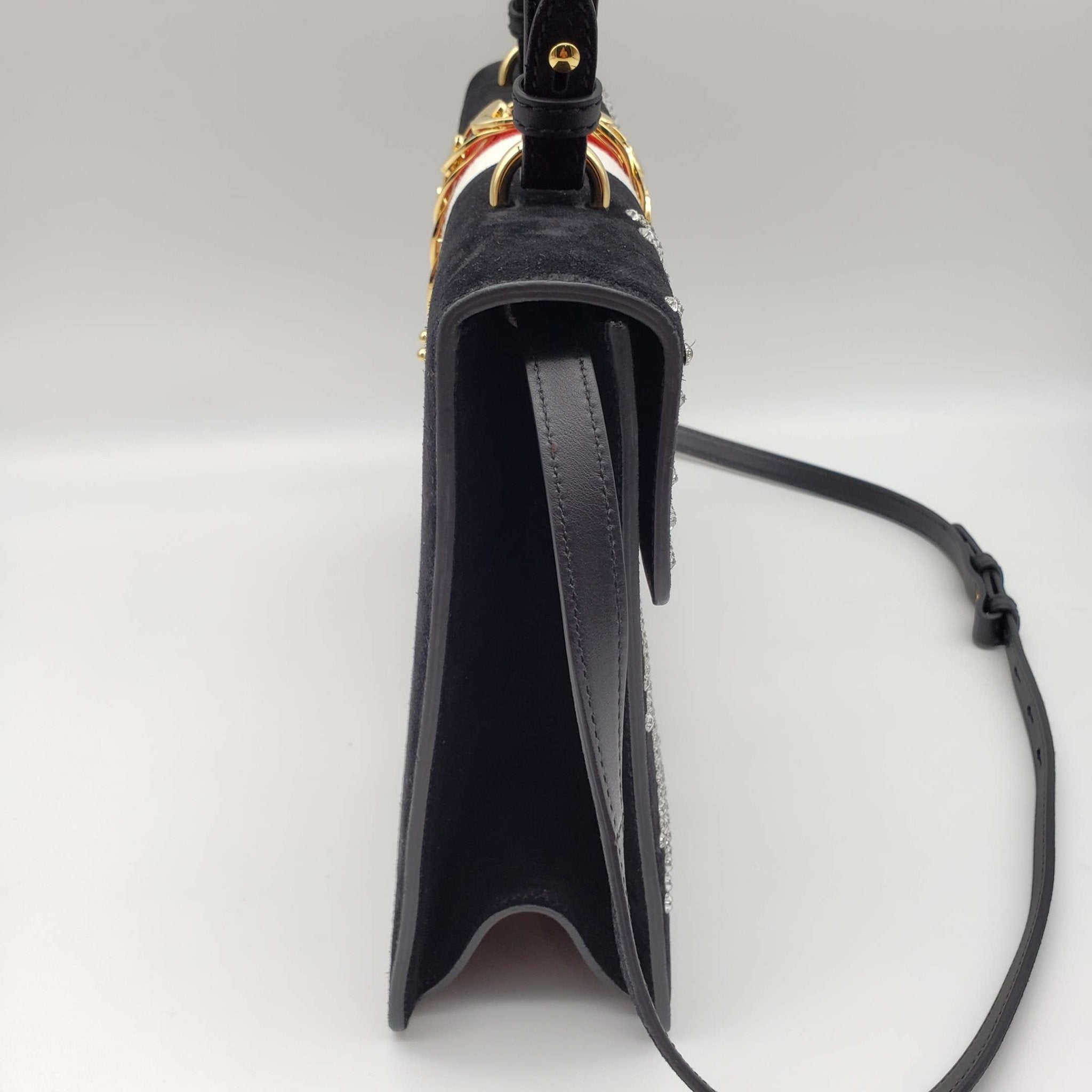 Gucci SyLouis Vuittonie Black Satin and Crystal Vintage Web Shoulder Bag