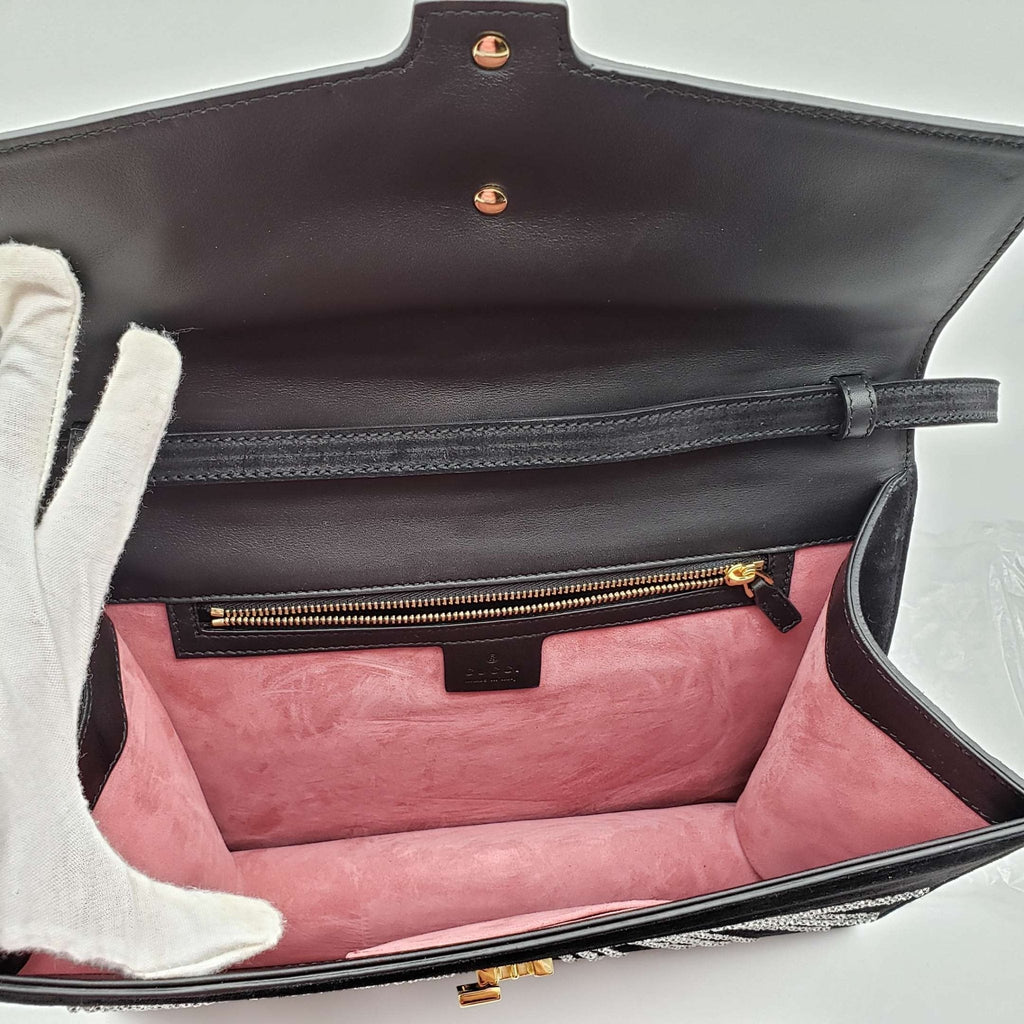 Gucci SyLouis Vuittonie Black Satin and Crystal Vintage Web Shoulder Bag