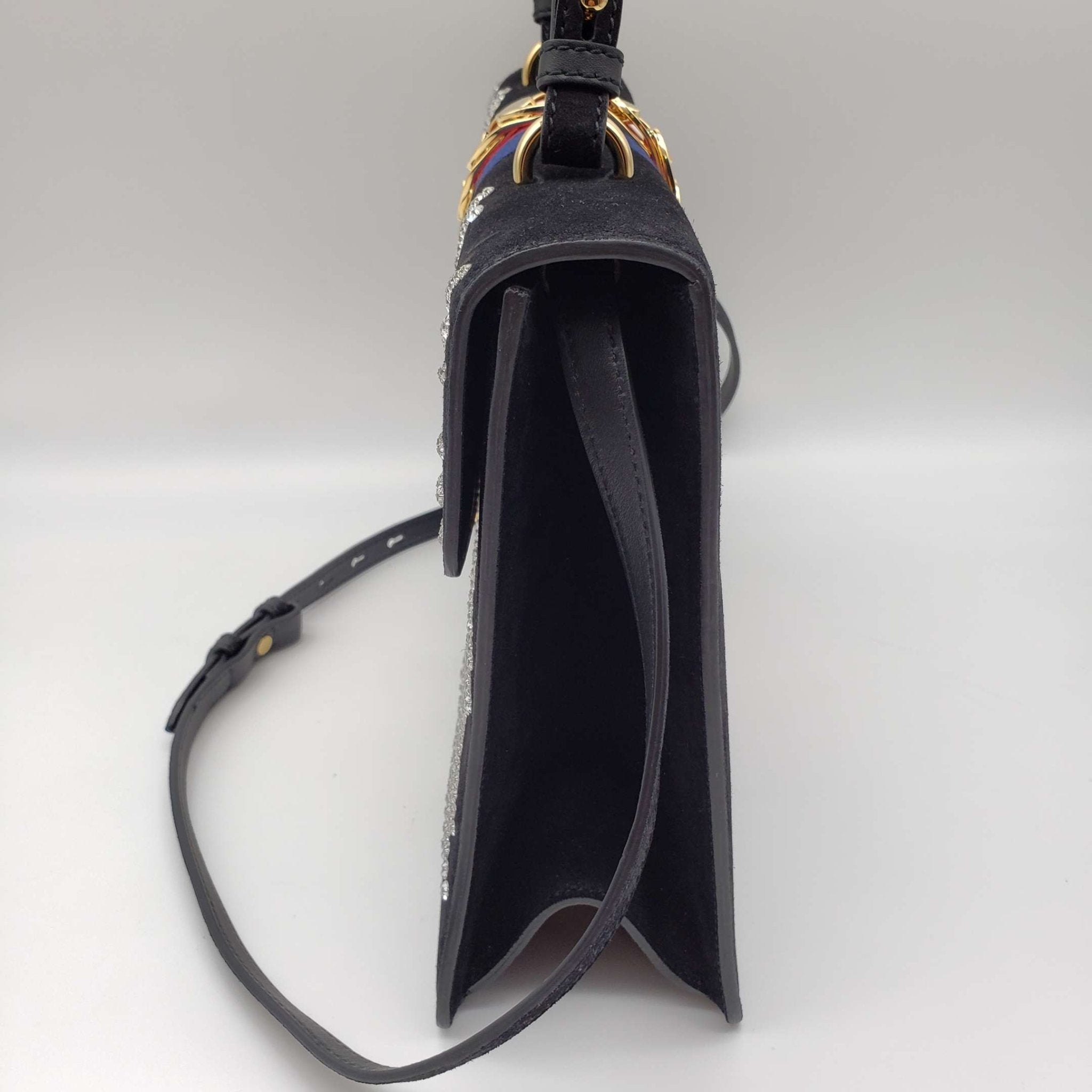 Gucci SyLouis Vuittonie Black Satin and Crystal Vintage Web Shoulder Bag