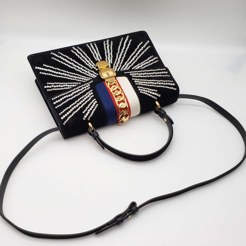 Gucci SyLouis Vuittonie Black Satin and Crystal Vintage Web Shoulder Bag