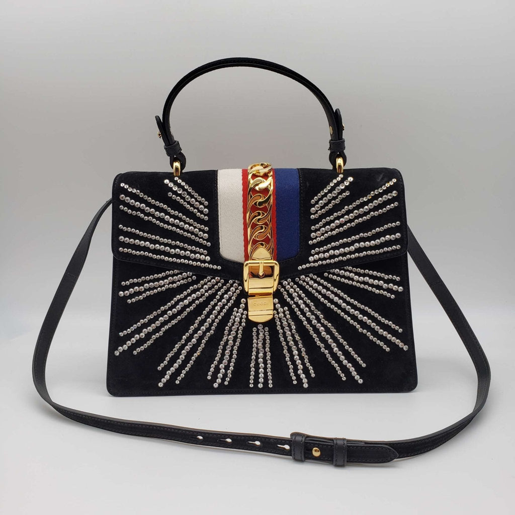 Gucci SyLouis Vuittonie Black Satin and Crystal Vintage Web Shoulder Bag