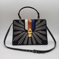 Gucci SyLouis Vuittonie Black Satin and Crystal Vintage Web Shoulder Bag