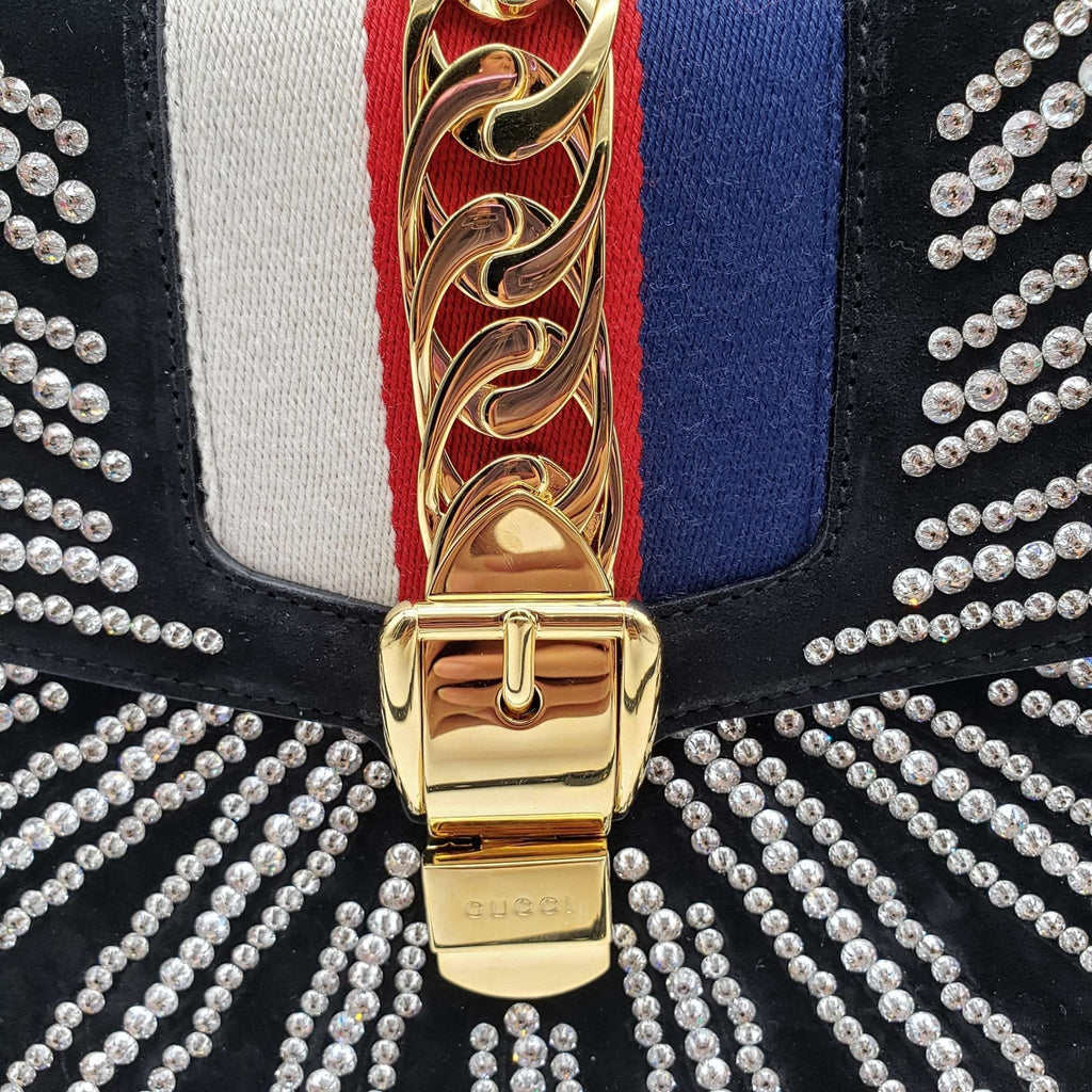 Gucci SyLouis Vuittonie Black Satin and Crystal Vintage Web Shoulder Bag