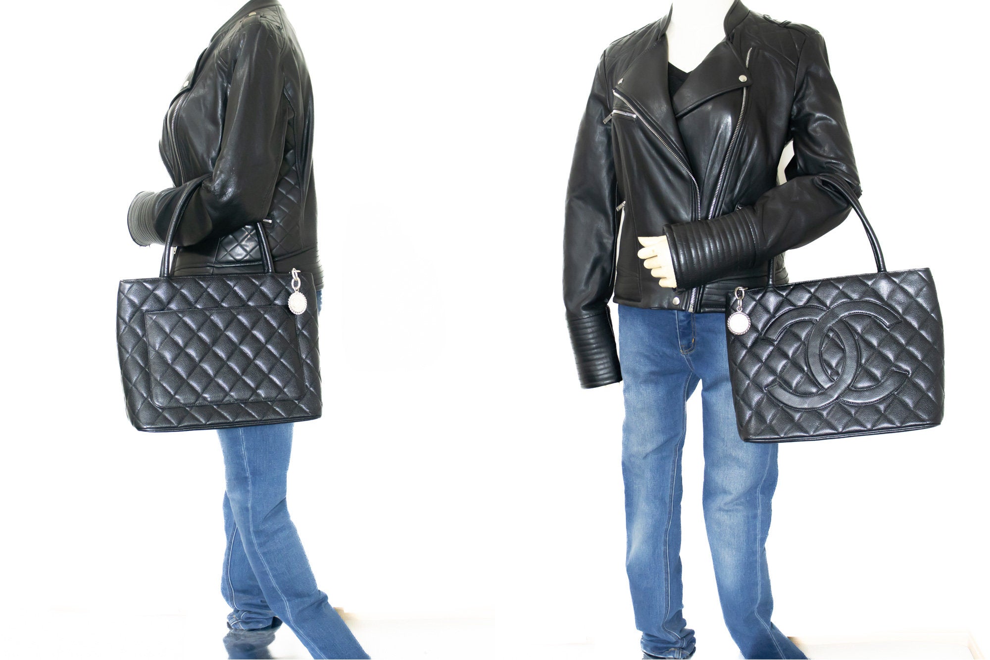 CHANEL SiLouis Vuittoner Medallion Caviar Shoulder Bag Shopping Tote Black SV k57