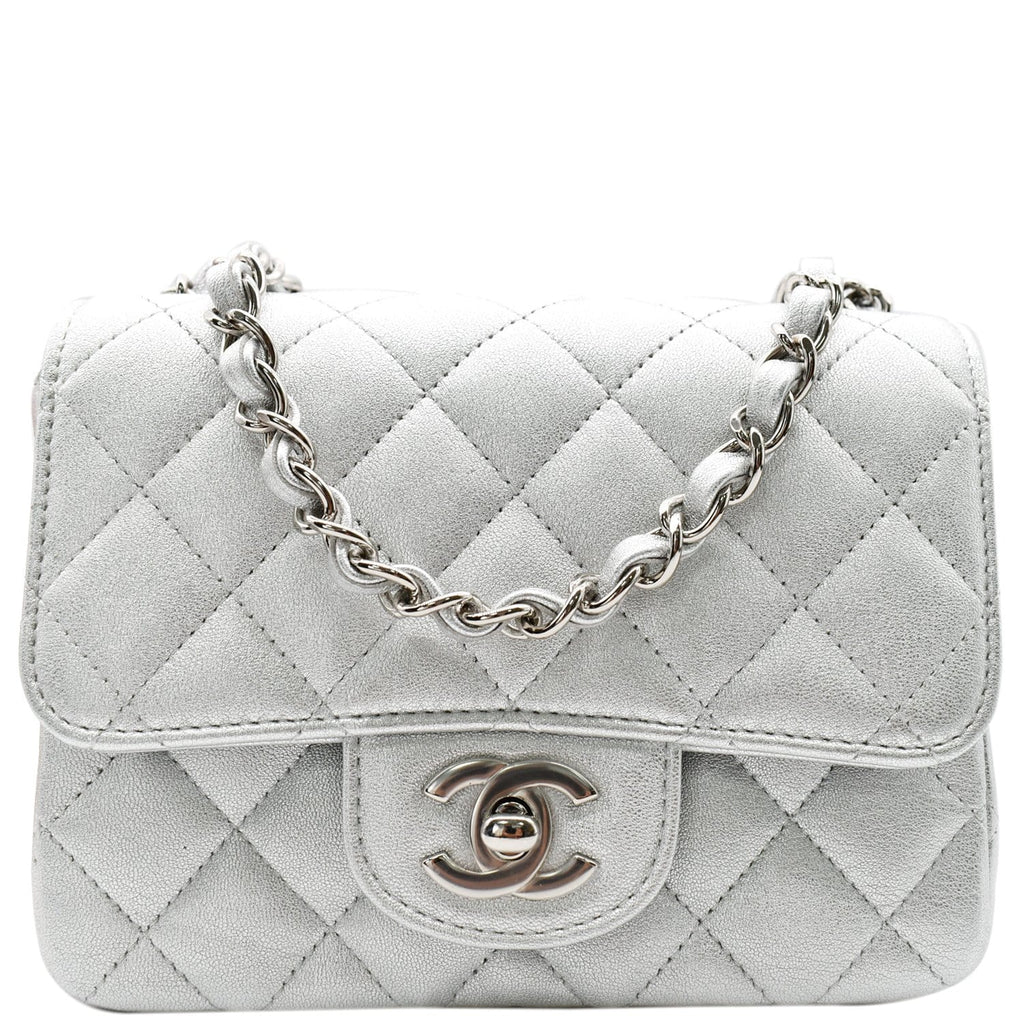 Chanel Mini Square Flap Quilted Leather Shoulder Bag Metallic Silver