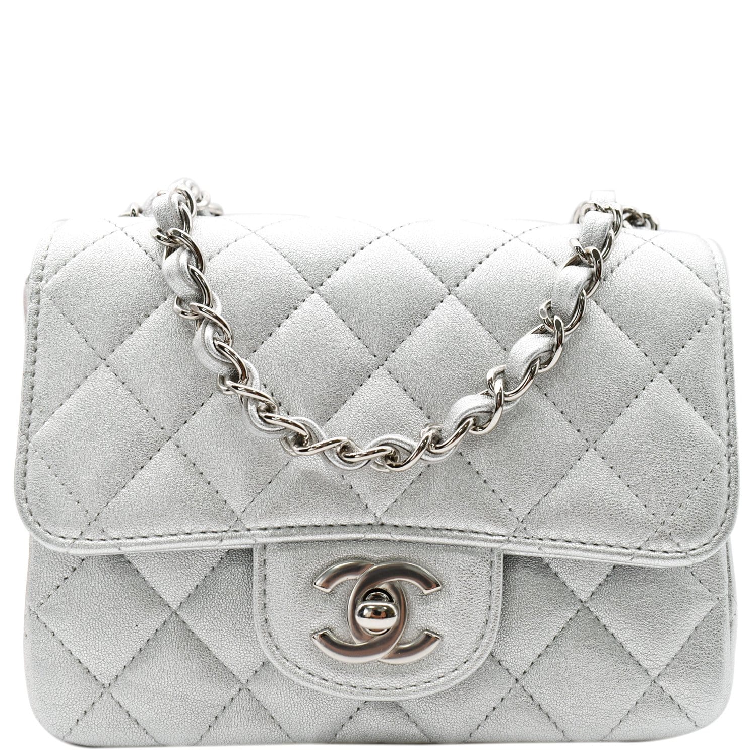 Chanel Mini Square Flap Quilted Leather Shoulder Bag Metallic Silver