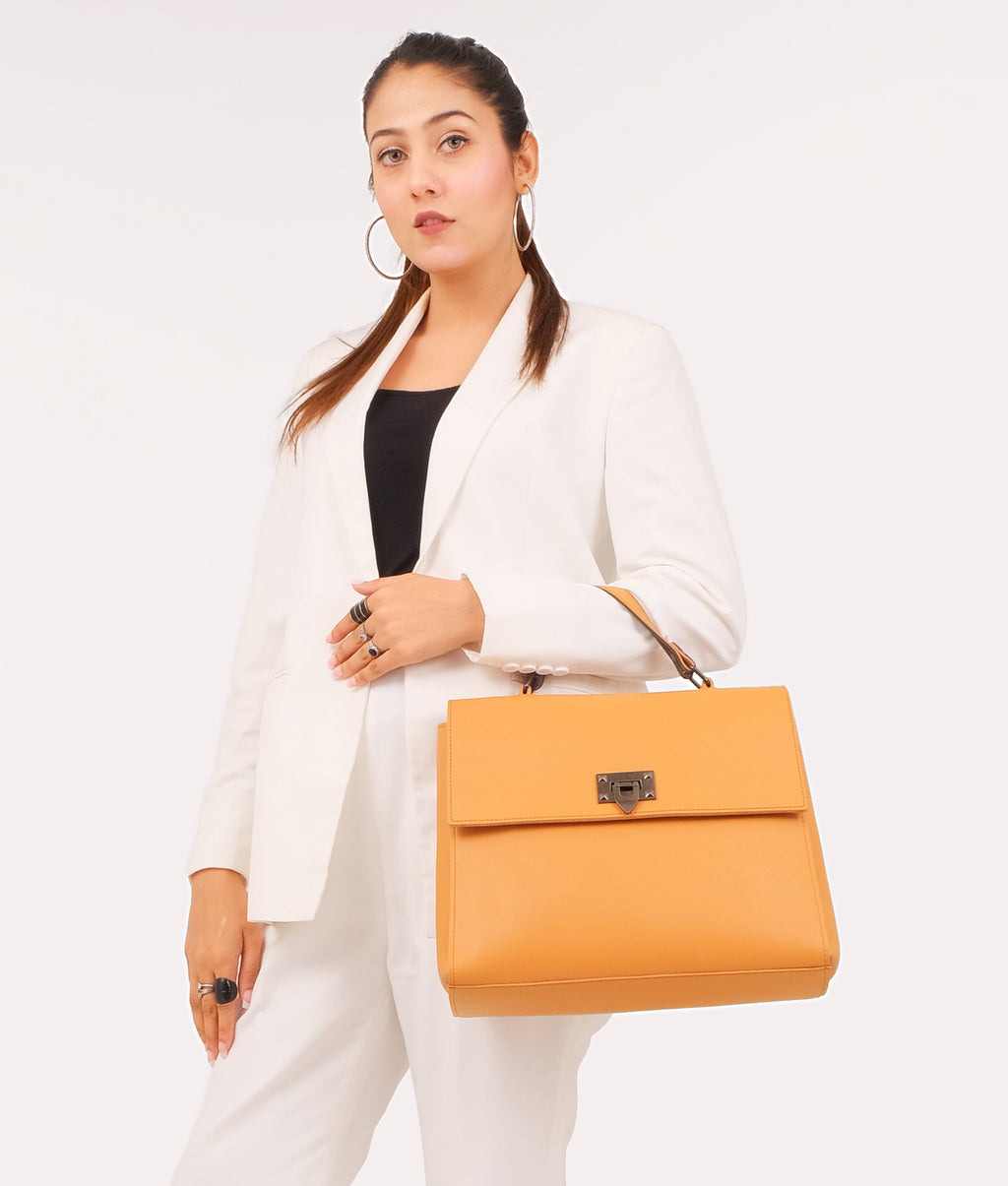 Mustard flap-over top-handle bag