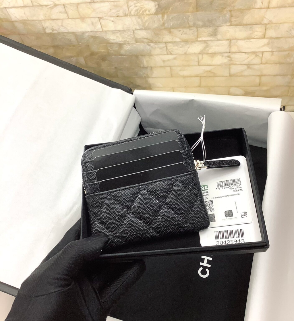 Chanel CHL  QUILTED ZIP CARD HOLDER BLACK WALLET