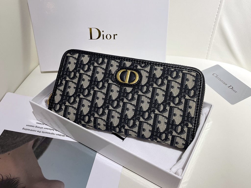 dir LONG WALLET OBLIQUE JACQUARD BLACK AND BEIGE 19.5CM