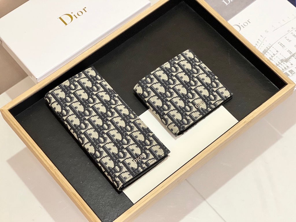 dir LONG BI FOLD CARD HOLDER BEIGE AND BLACK OBLIQUE JACQUARD 17.5CM 2ESCH147YSE H05E