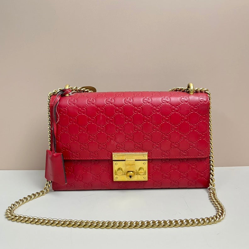 Gucci GG Red Leather Padlock Chain Shoulder Bag Medium