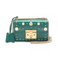 Gucci GG Supreme Chain Shoulder Bag Green Leather with Fake Pearl Studs