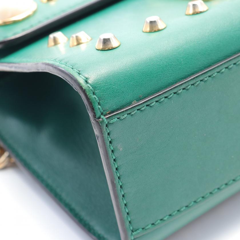 Gucci GG Supreme Chain Shoulder Bag Green Leather with Fake Pearl Studs