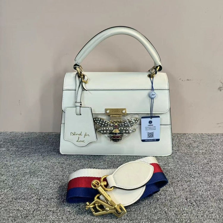 Gucci Bee Bag - White, Medium Size Flap Handbag With Shoulder Strap